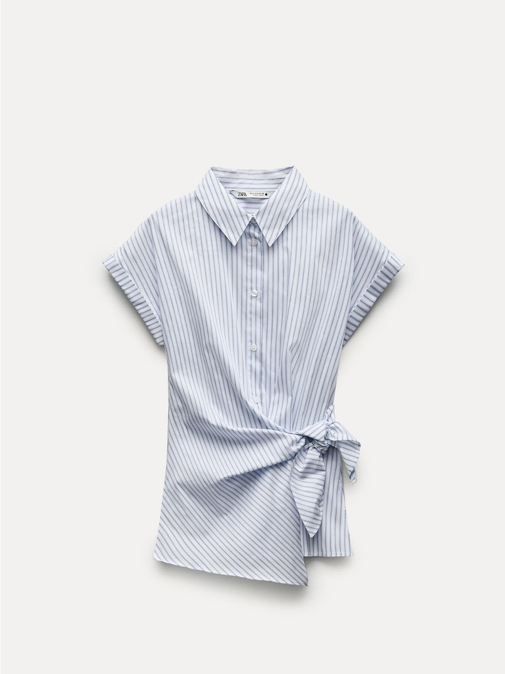 Zara Light Blue and White Striped Tie-Waist Button-Down Top